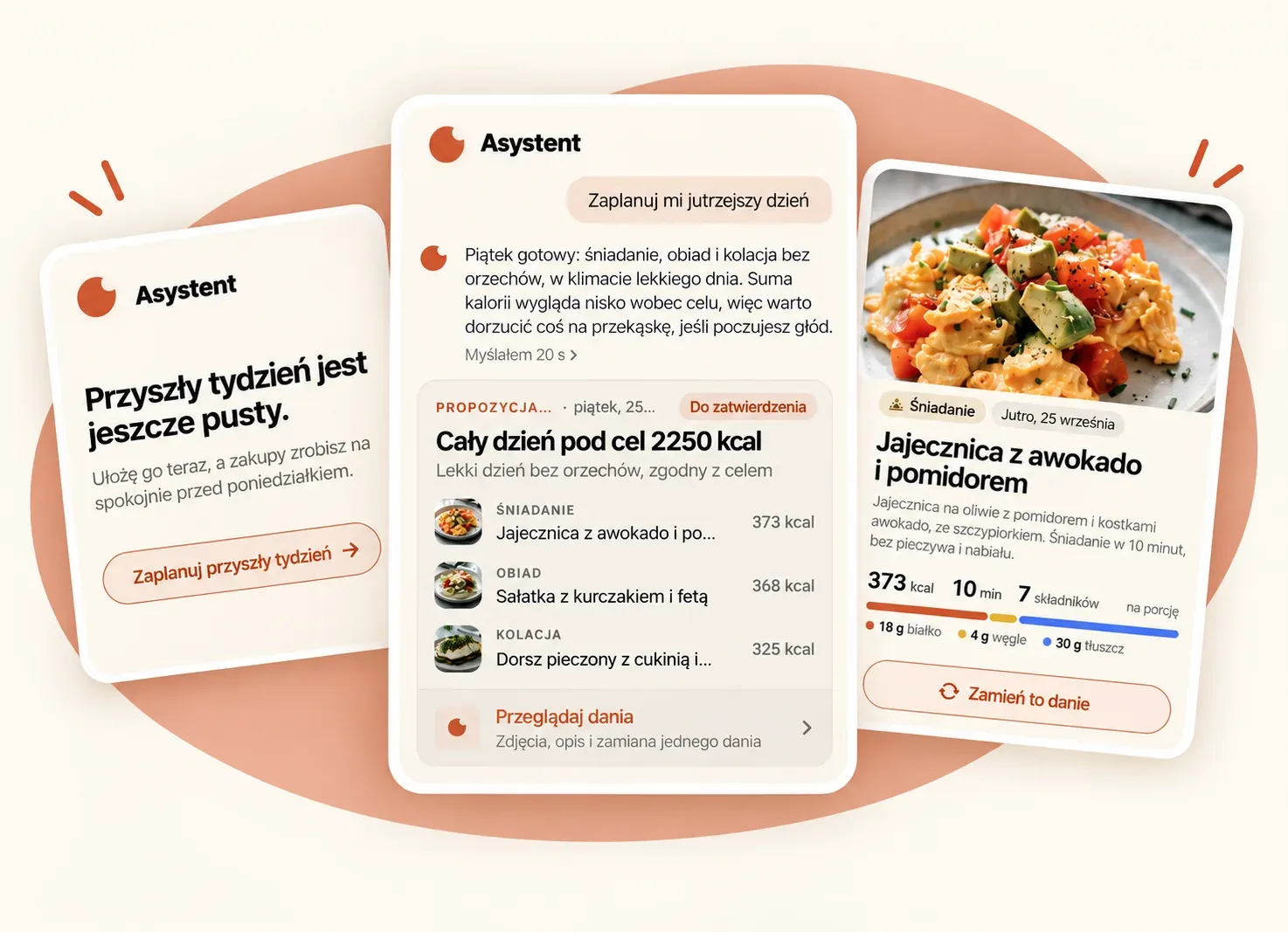 Karty Scoffie: rozmowa z asystentem, propozycja dnia pod cel 2250 kcal do zatwierdzenia i zamiana dania