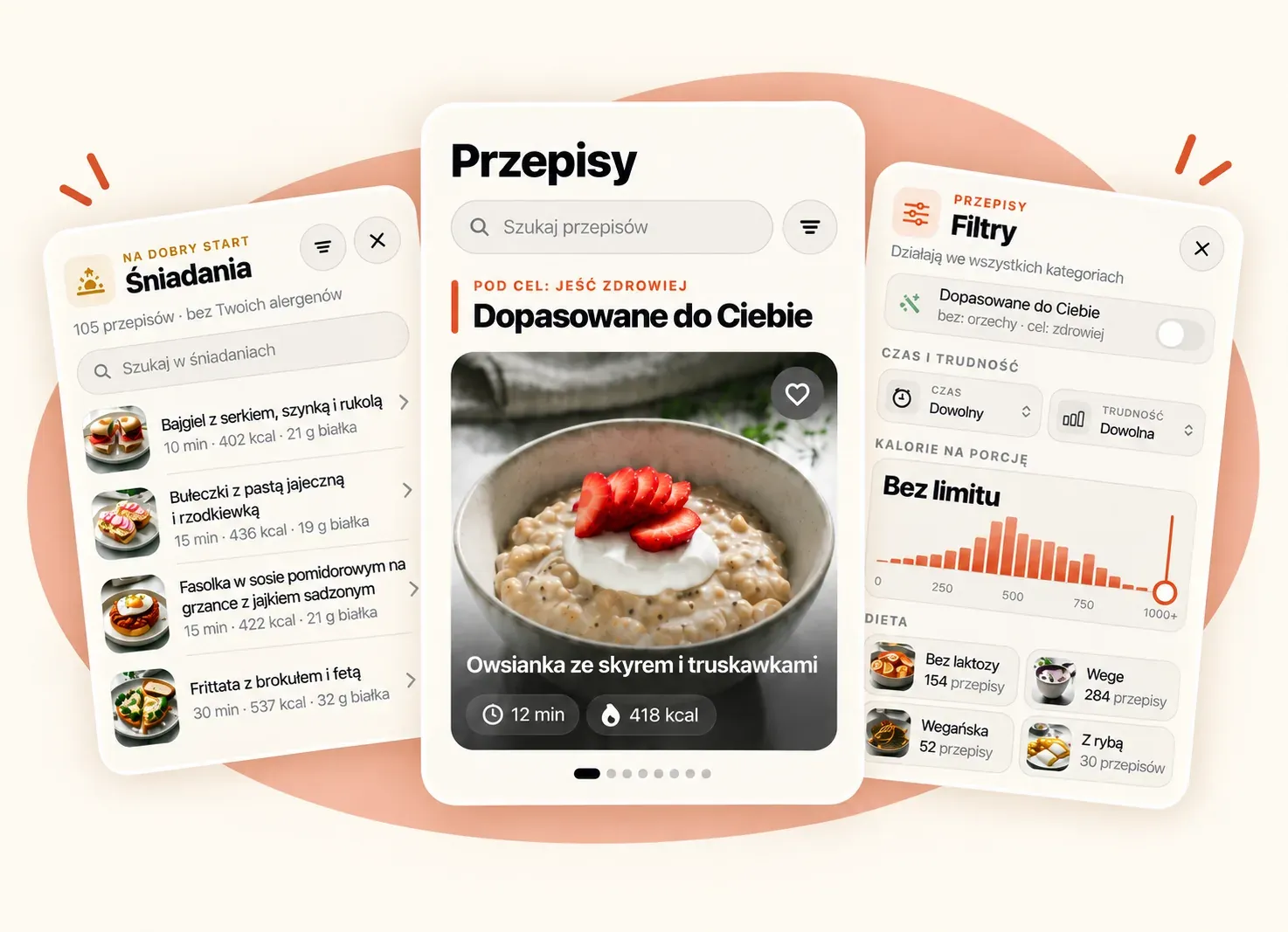 Karty Scoffie: przepisy dopasowane do Ciebie, lista śniadań i filtry z dietą, czasem i kaloriami na porcję